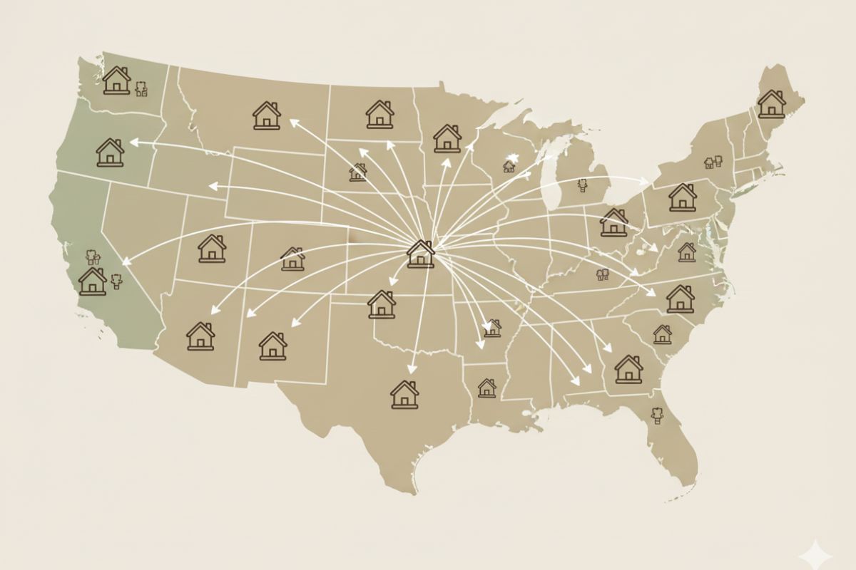 Map of the United States with houses marking where Propcash buys