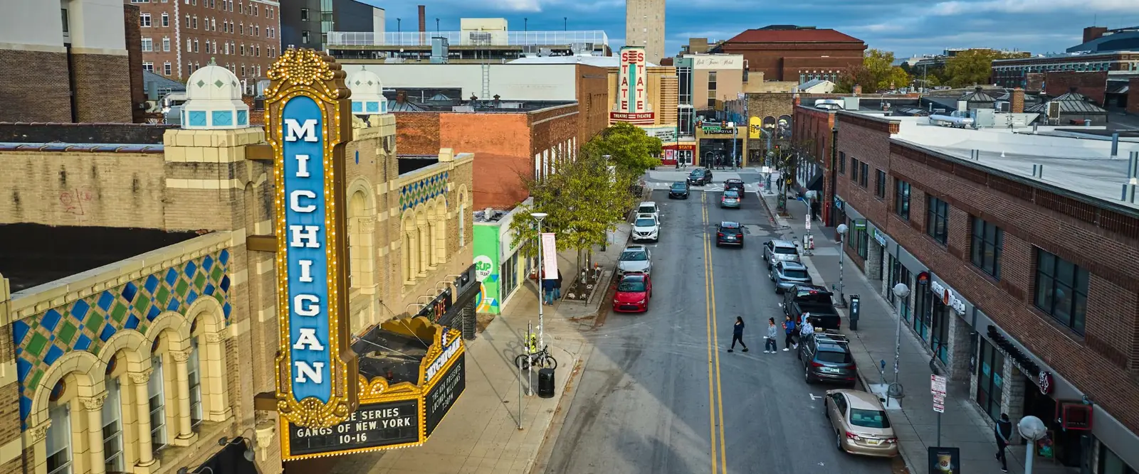 The Michigan Theater marquee and downtown Ann Arbor, Michigan