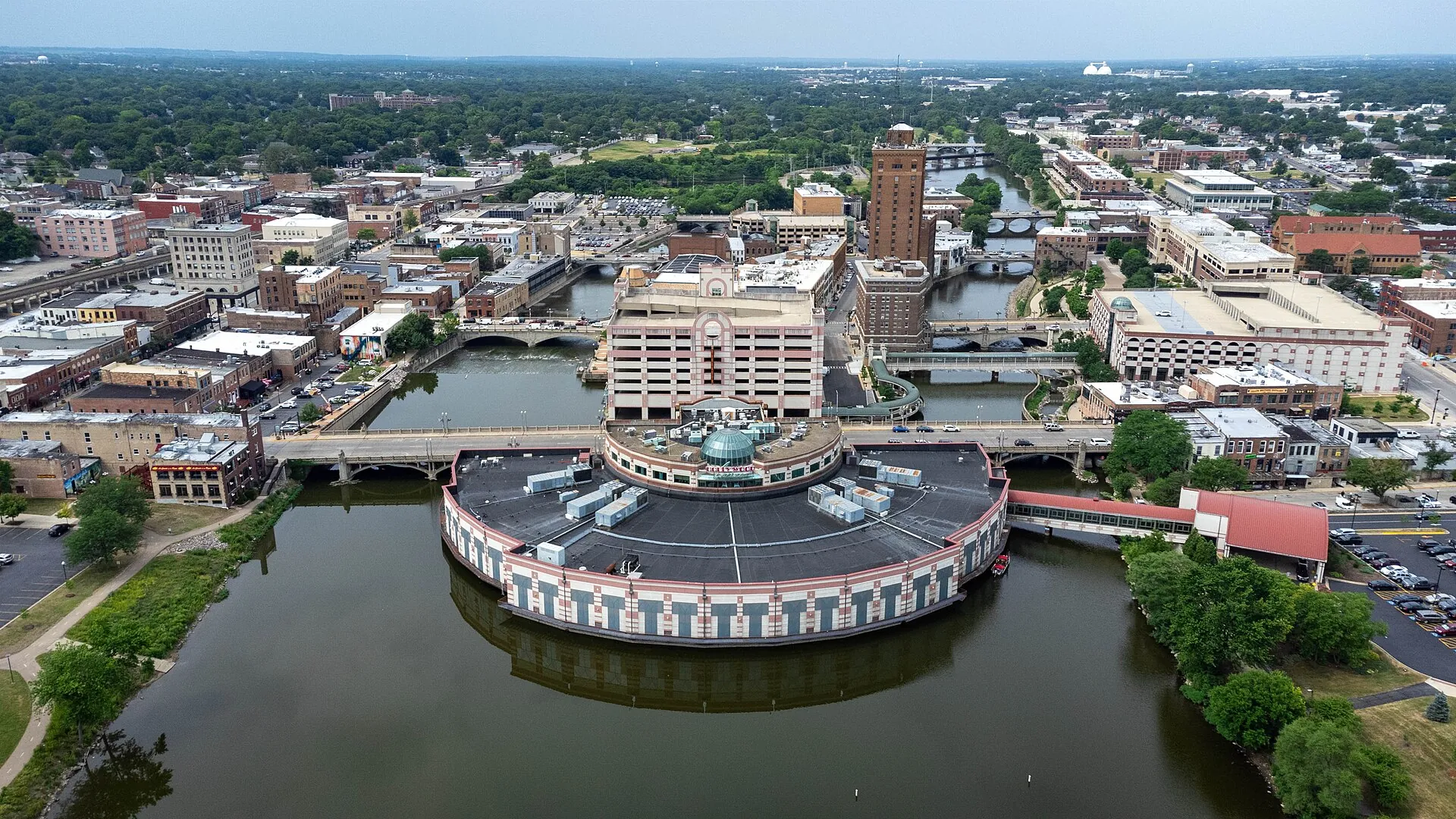 Downtown Aurora, Illinois and the Fox River from the air