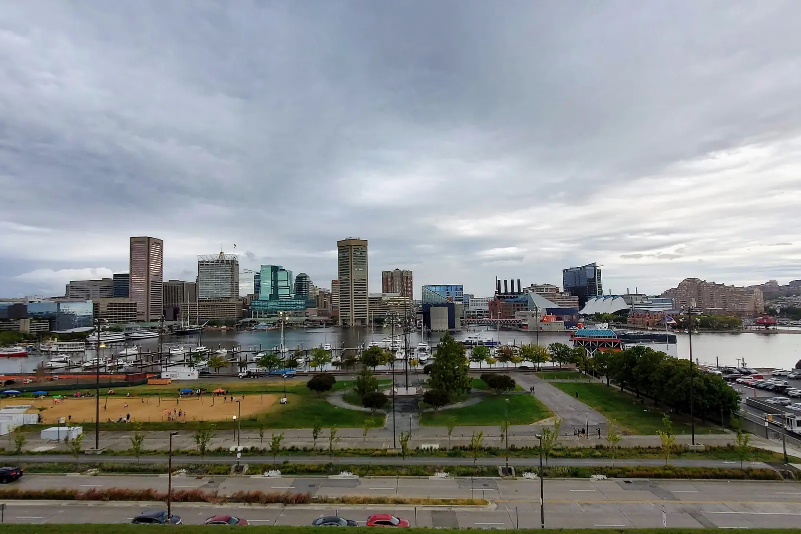 The Federal Hill neighborhood rowhouses above Baltimore's Inner Harbor