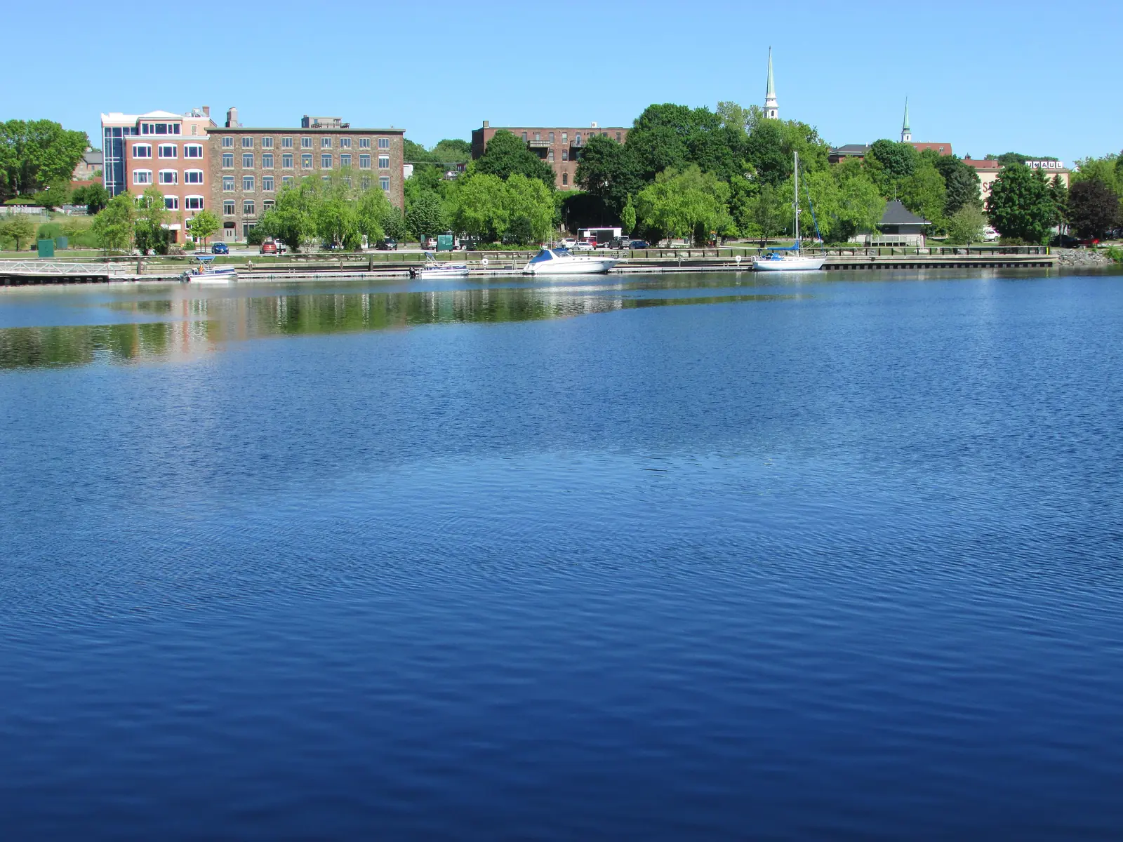 The Bangor, Maine waterfront and the Penobscot River along the downtown core