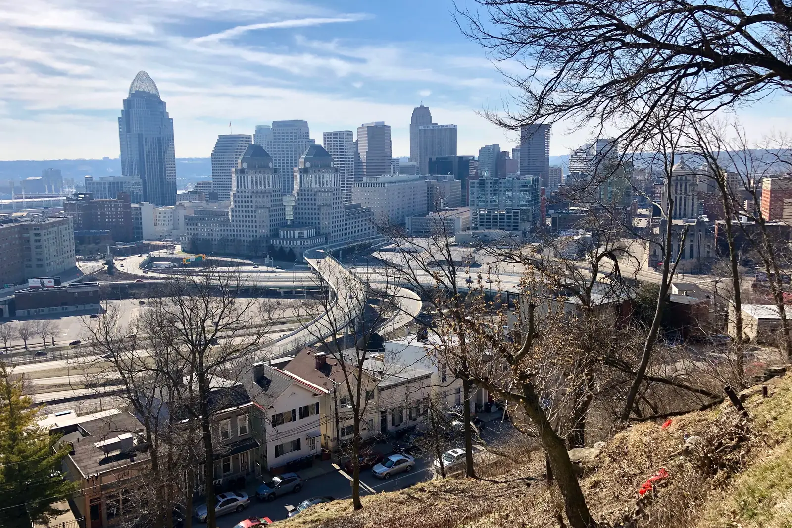 Cincinnati houses on a steep hillside above the Ohio River valley, the terrain behind local foundation and flood issues