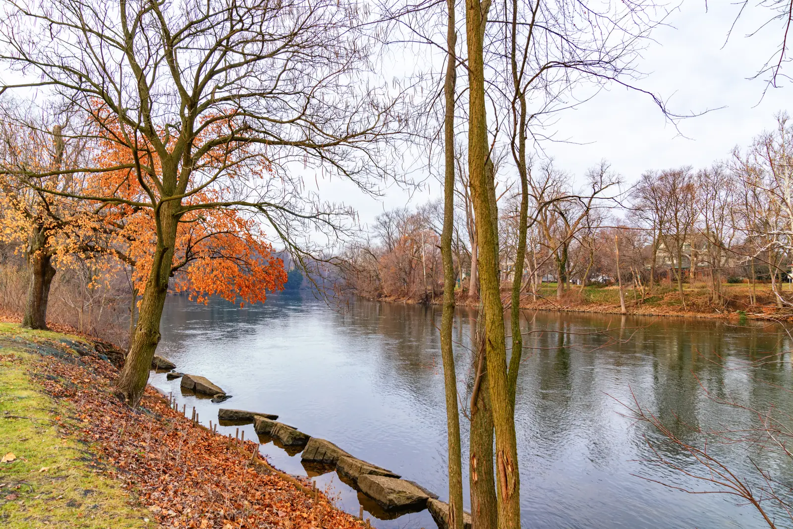 The St. Joseph River running through a park in South Bend, Indiana, the corridor behind most local flood risk