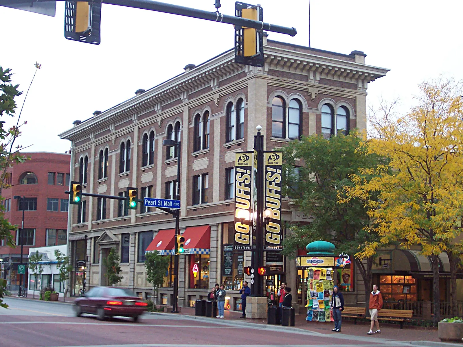 The Pearl Street district in downtown Boulder, a short distance from the Newlands neighborhood, with the foothills beyond.