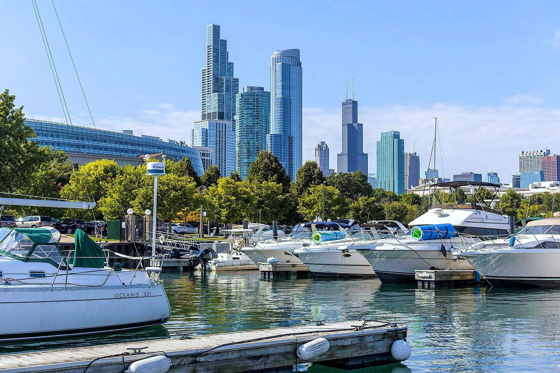 The Chicago skyline from Burnham Harbor on Lake Michigan