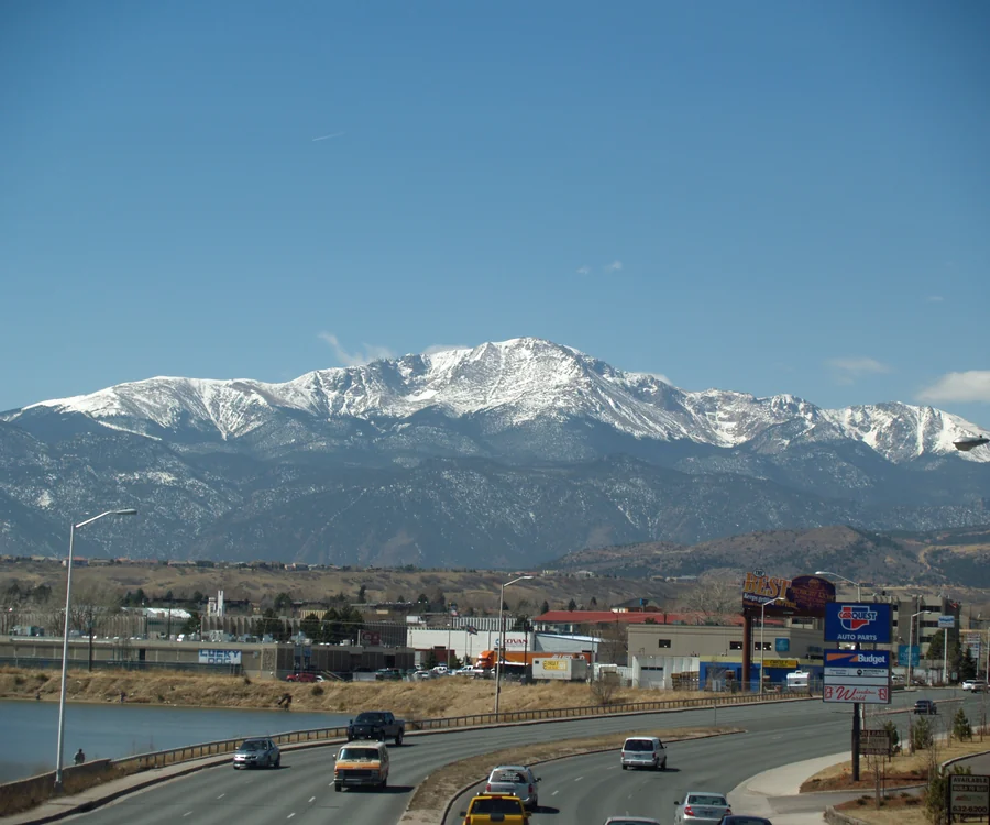 Snow-capped Pikes Peak rising over Colorado Springs