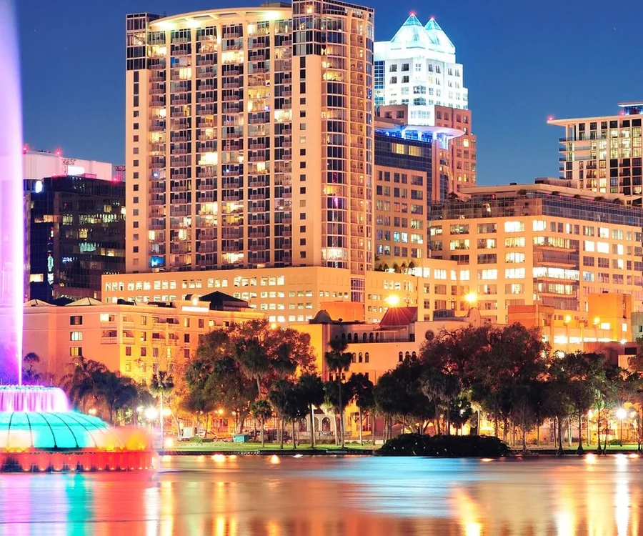 Orlando Florida downtown skyline over Lake Eola