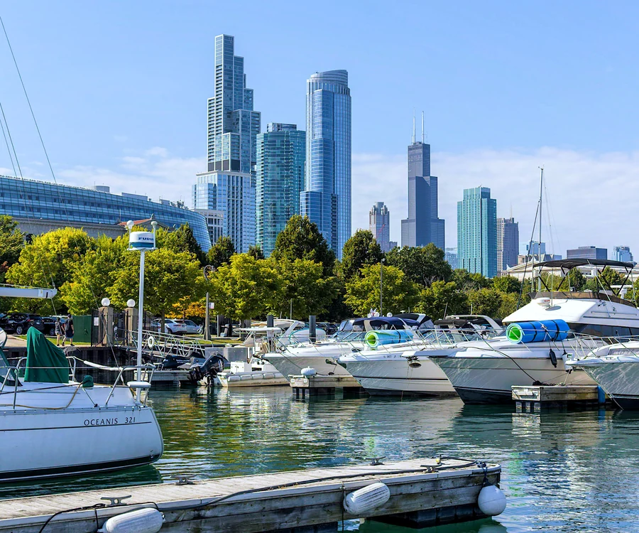 Chicago Illinois skyline from the lakefront harbor