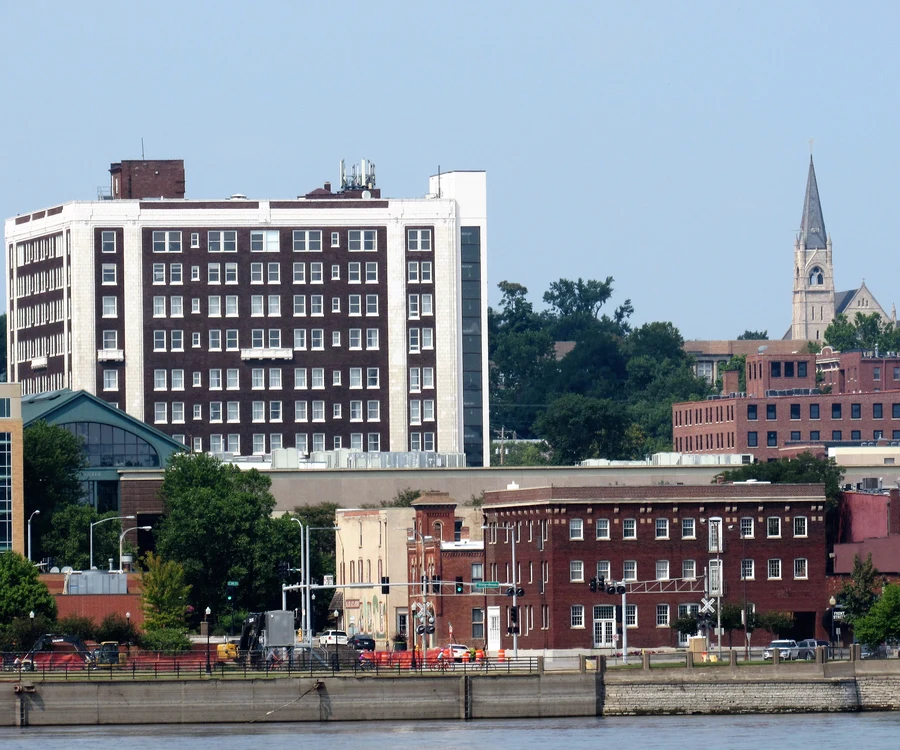 Davenport Iowa skyline along the Mississippi River in the Quad Cities