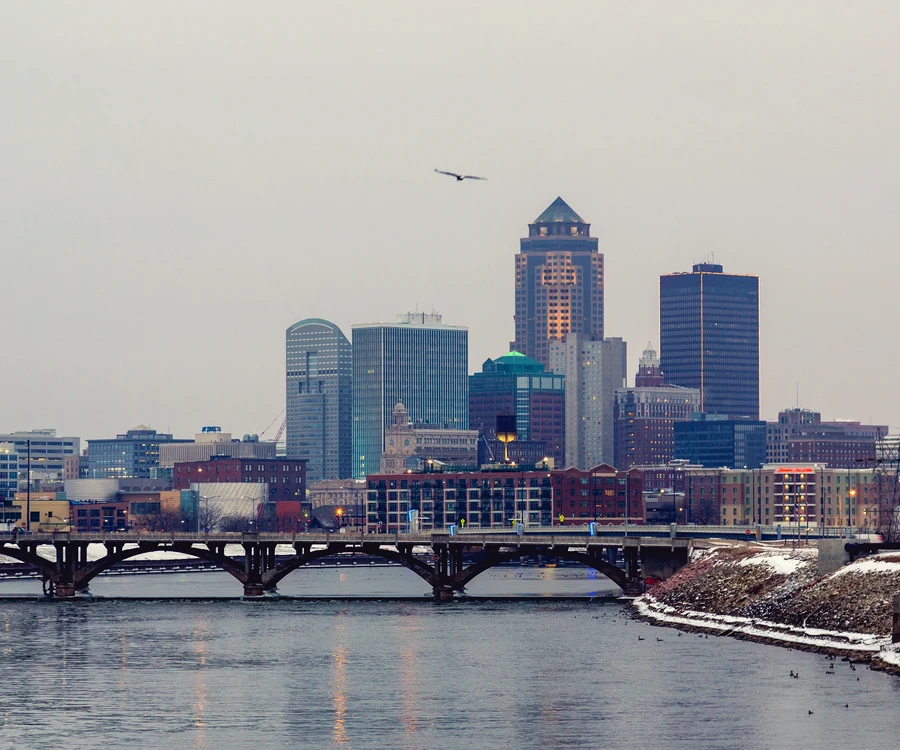 Des Moines Iowa downtown skyline above the Des Moines River