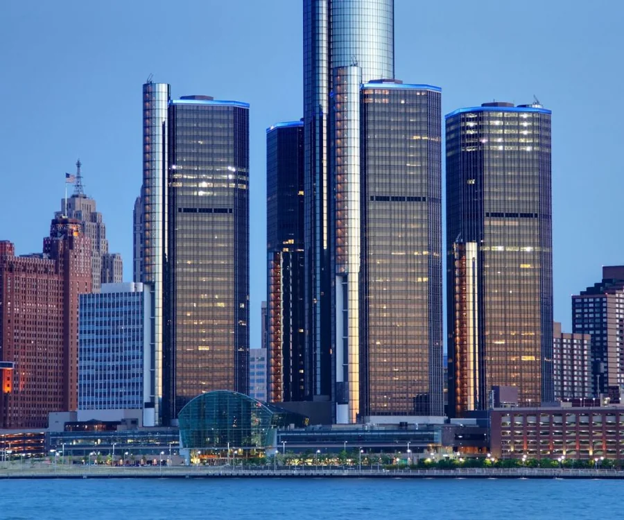 Detroit Michigan riverfront skyline
