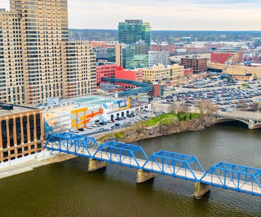 Grand Rapids Michigan blue bridge over the Grand River