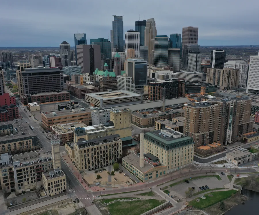 Downtown Minneapolis Minnesota skyline above the Mississippi River