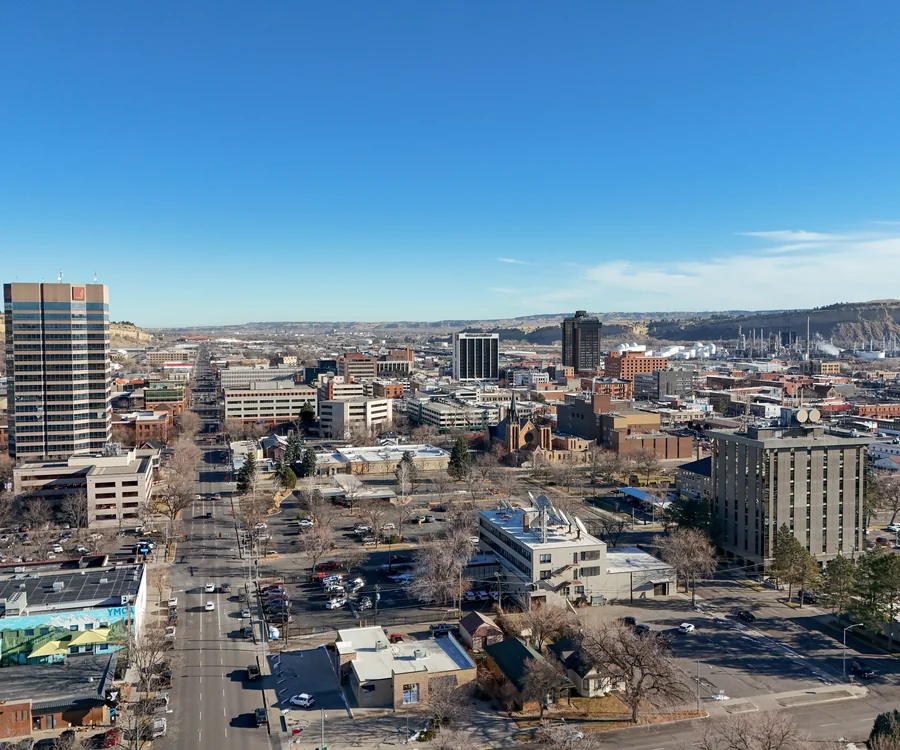 Downtown Billings, Montana skyline with the Rimrocks cliffs behind