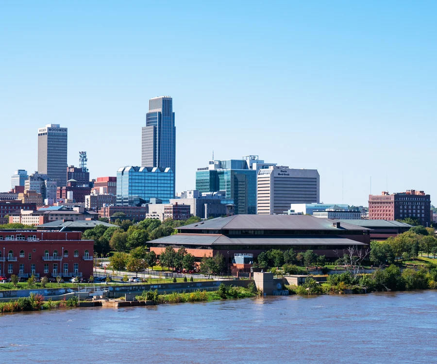 Omaha Nebraska downtown skyline along the Missouri River