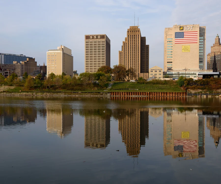 Newark New Jersey downtown skyline over the Passaic River