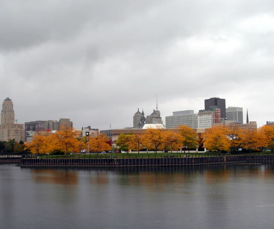 Downtown Buffalo skyline with City Hall across the water