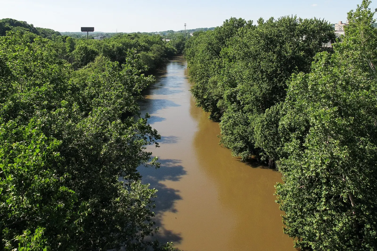 The Mahoning River seen from the Market Street Bridge in Youngstown, lined with summer trees