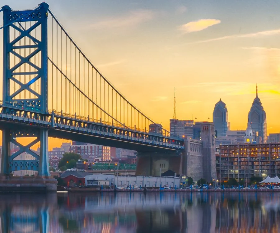 Philadelphia Pennsylvania skyline and the Benjamin Franklin Bridge