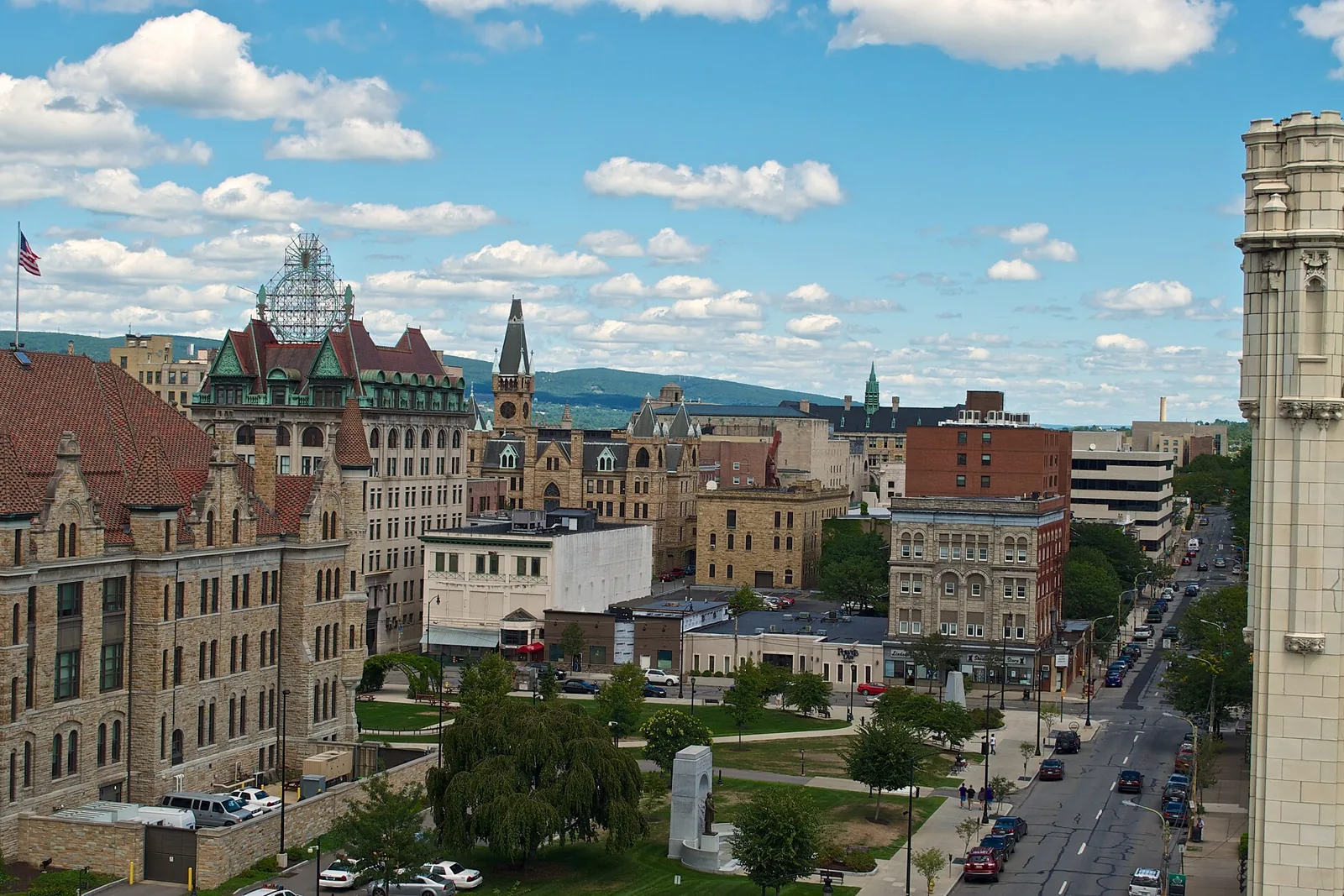 Courthouse Square and the downtown blocks of Scranton, Pennsylvania, with the hills beyond