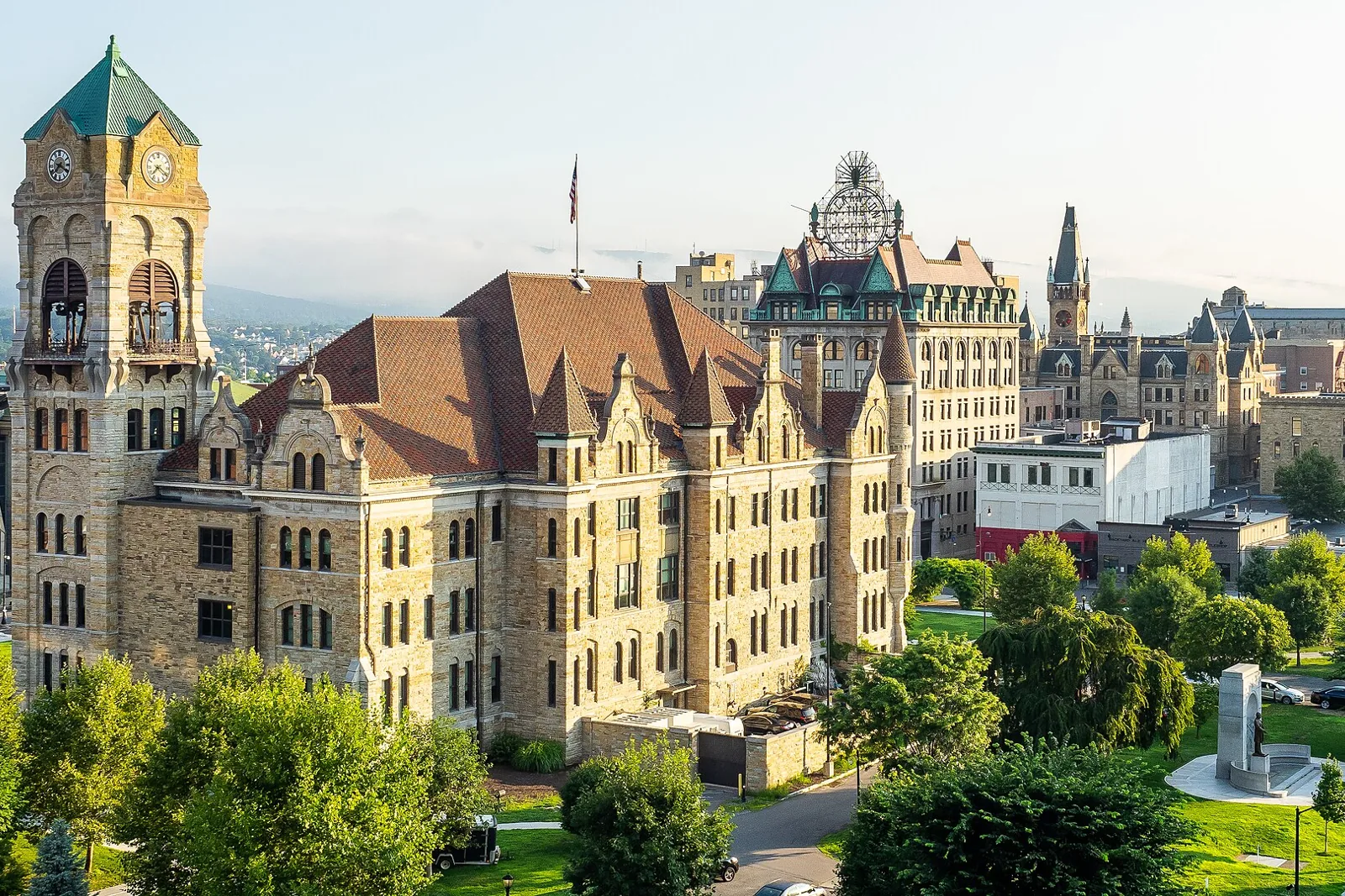 The Lackawanna County Courthouse clock tower and downtown Scranton, Pennsylvania, in early morning light