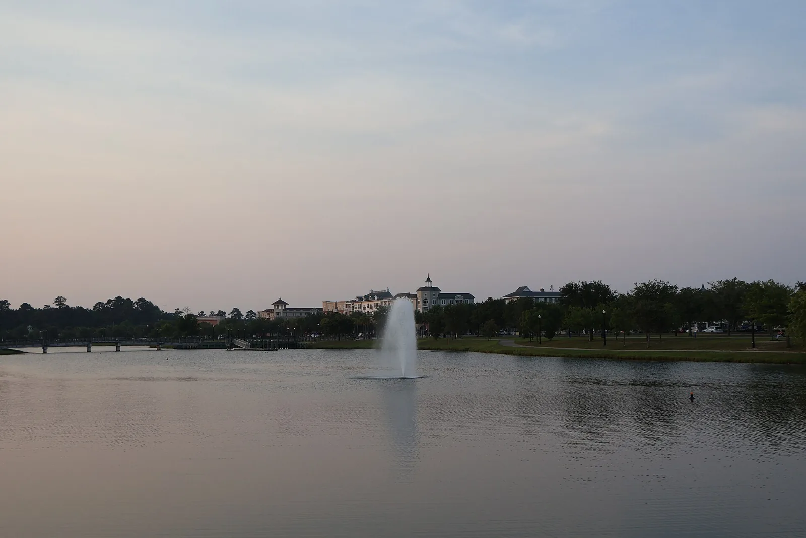 The lake and fountain at The Market Common in Myrtle Beach, South Carolina, at dusk