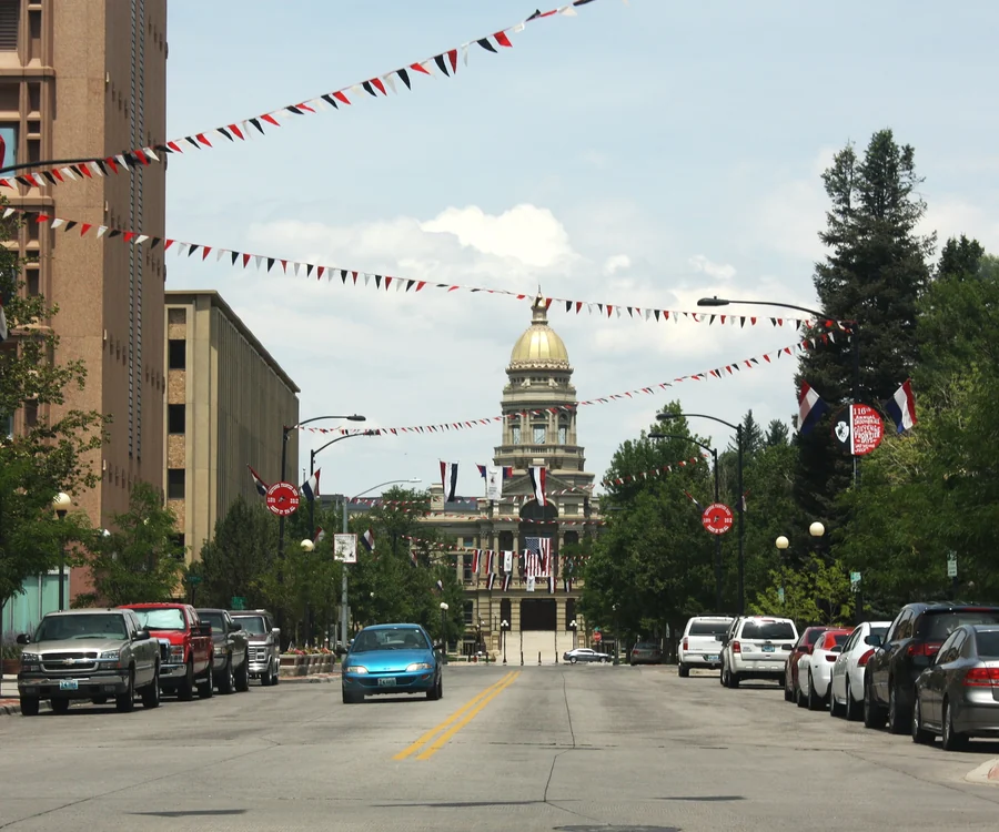 Wyoming State Capitol seen down Capitol Avenue in downtown Cheyenne