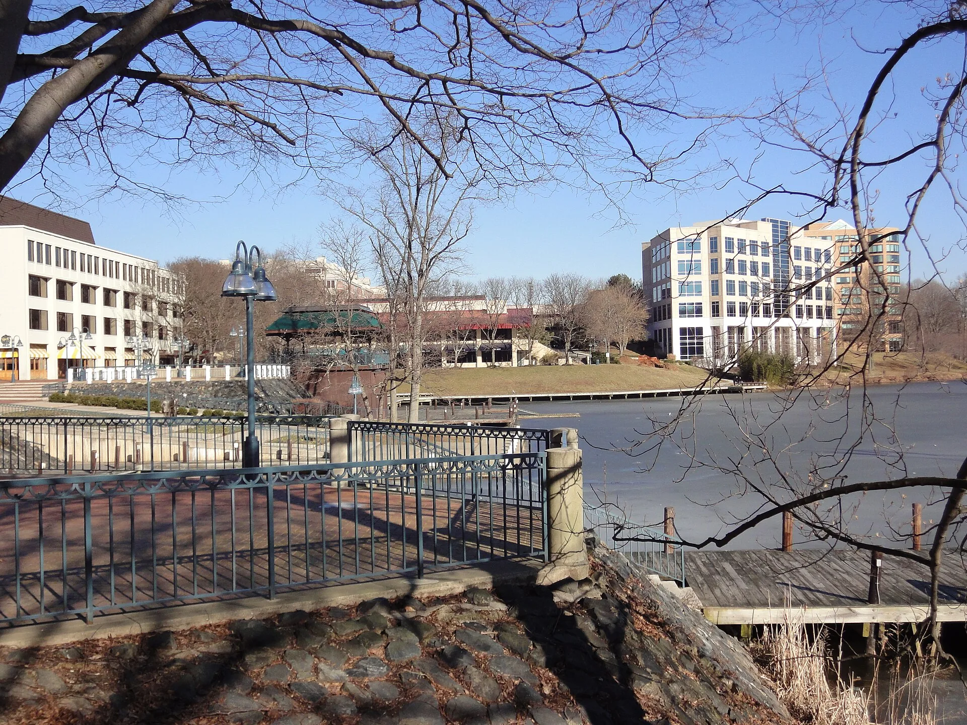 Columbia Town Center offices across Lake Kittamaqundi from the lakefront promenade in Columbia, Maryland