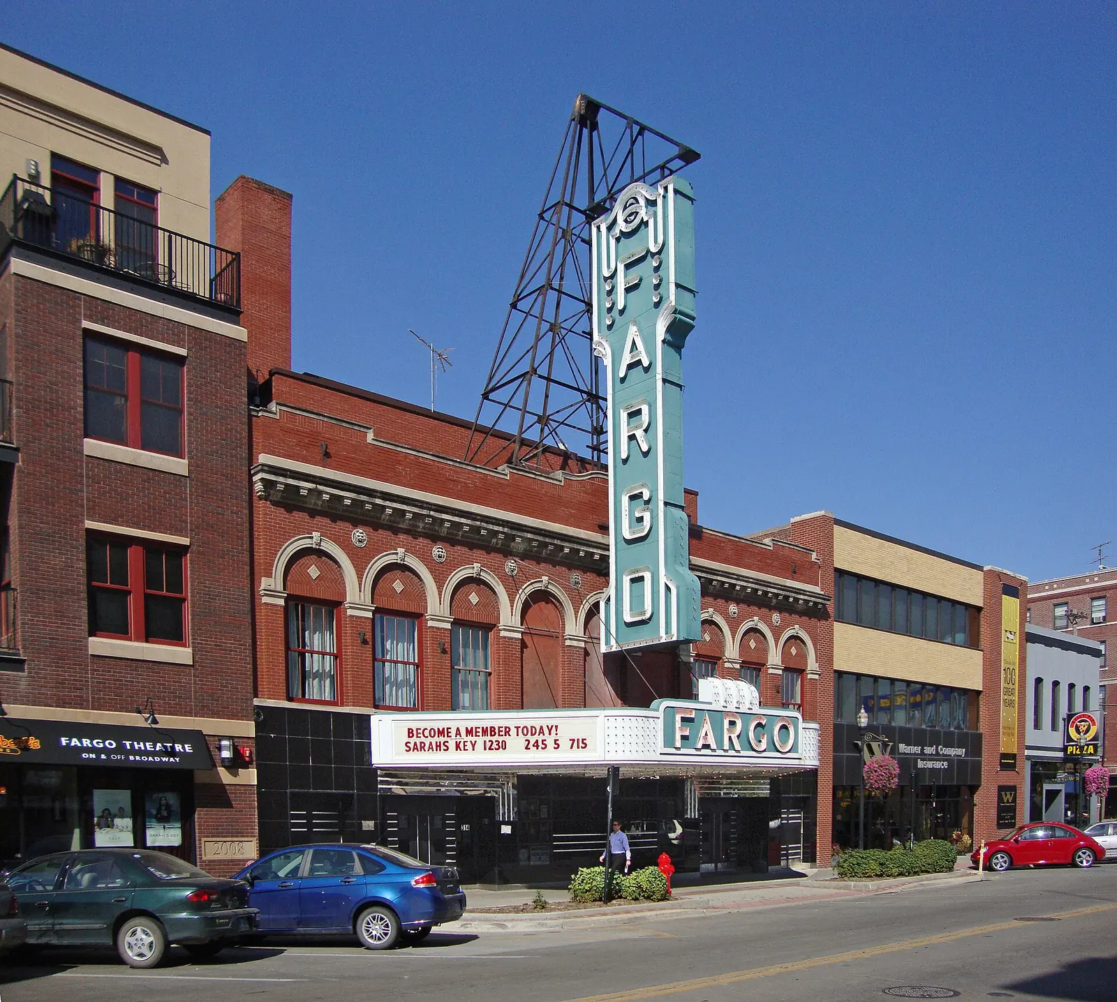 The historic Fargo Theatre marquee on Broadway in downtown Fargo, North Dakota