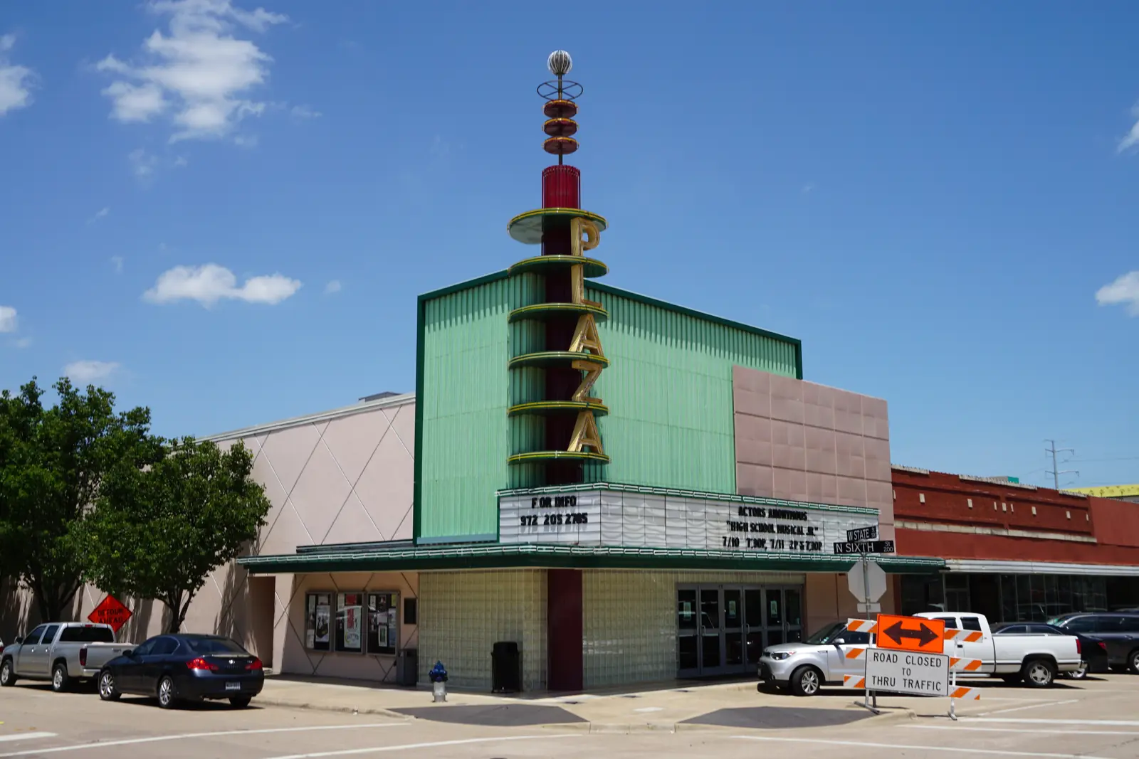 The 1941 Plaza Theatre marquee on the downtown Garland square