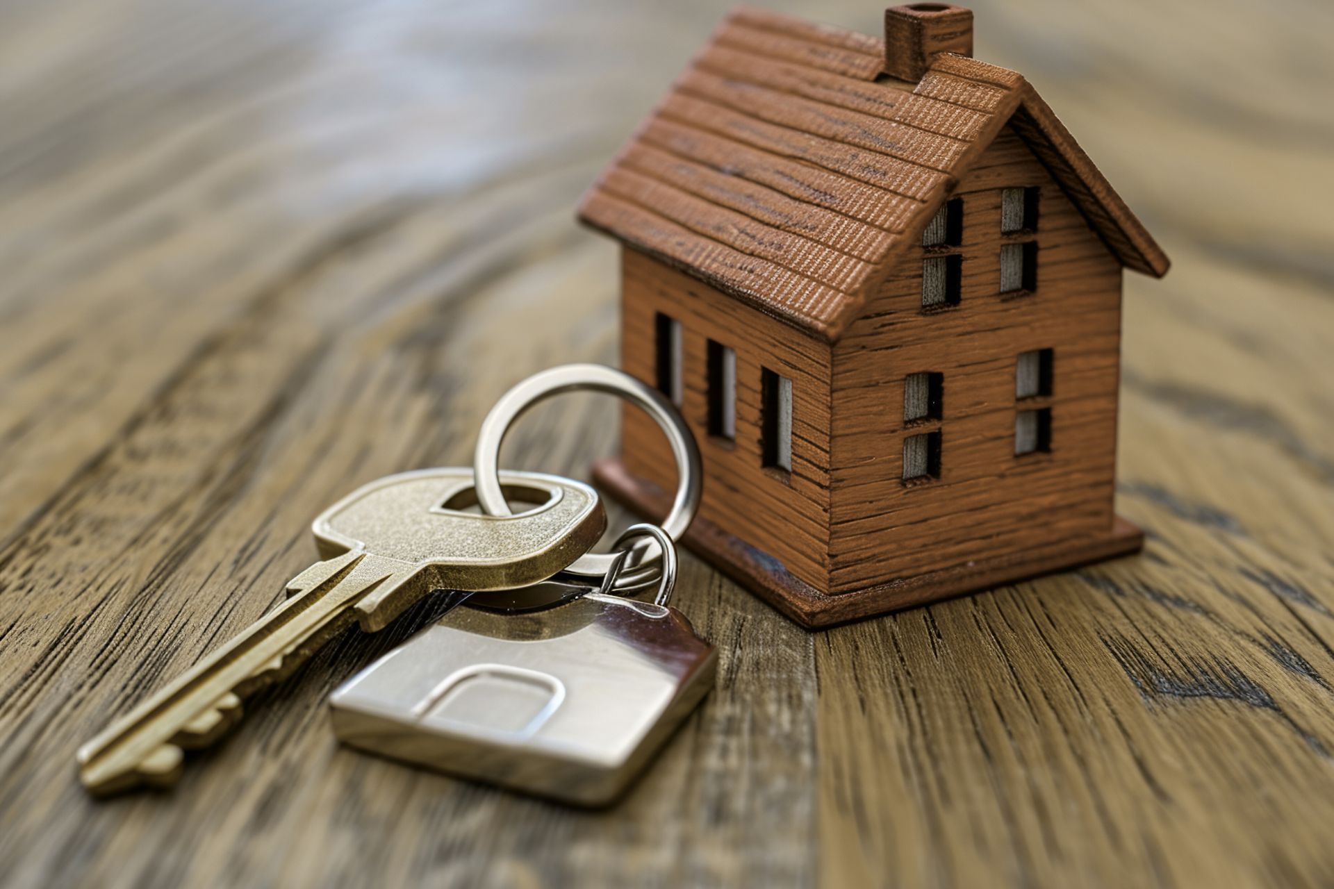 House keys on a keychain beside a small wooden house