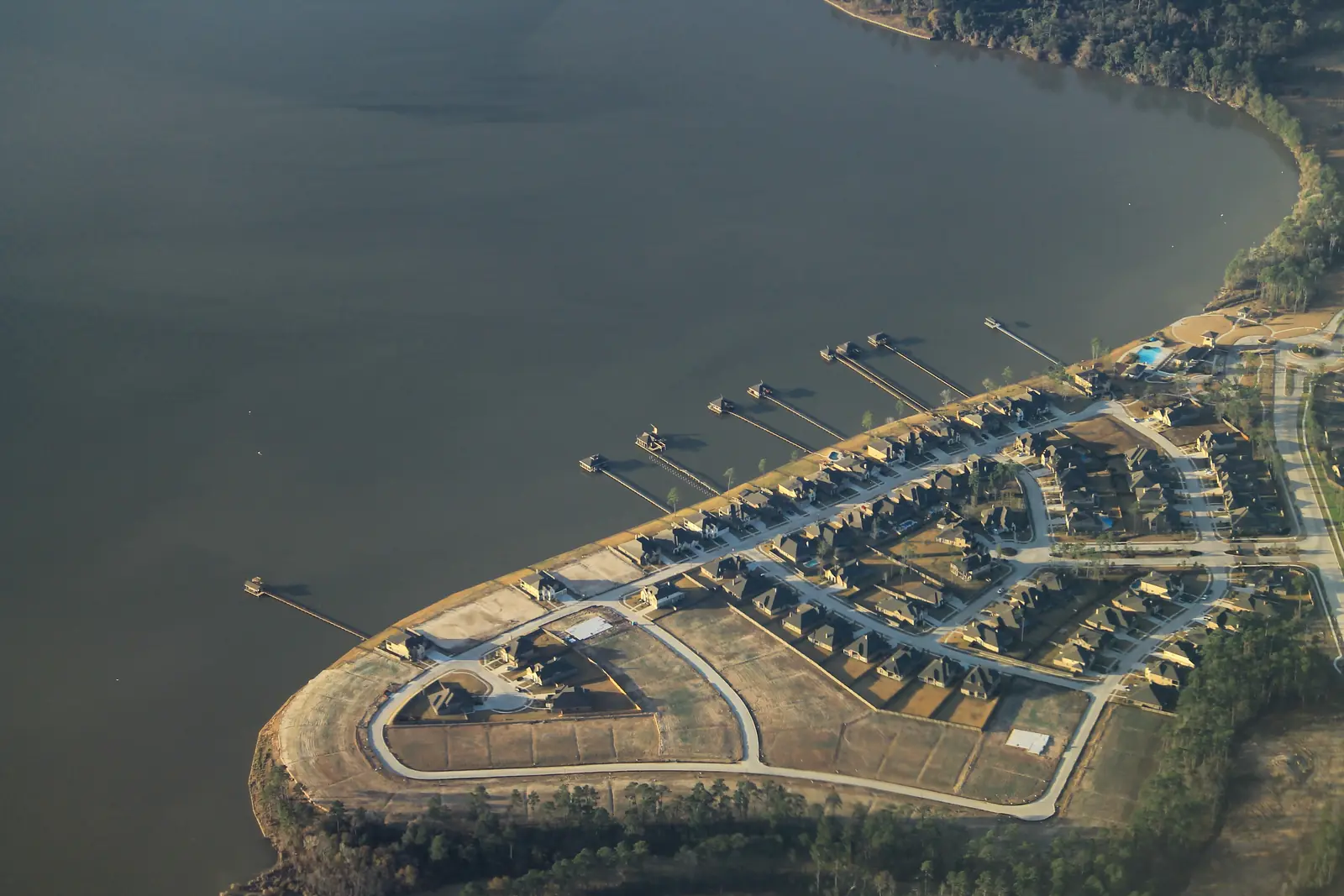 Lakeside houses and docks on Lake Houston in Atascocita Texas