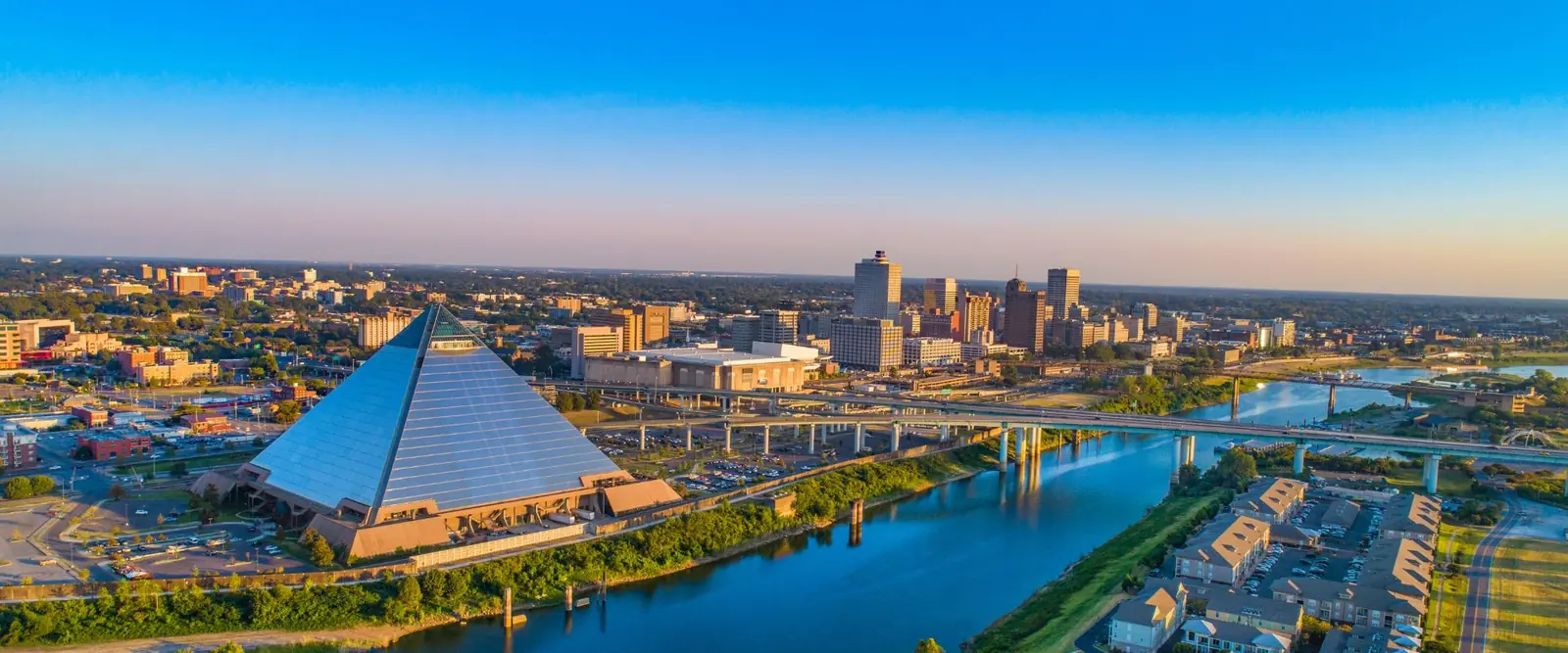 Downtown Memphis skyline with the Pyramid along the Mississippi River