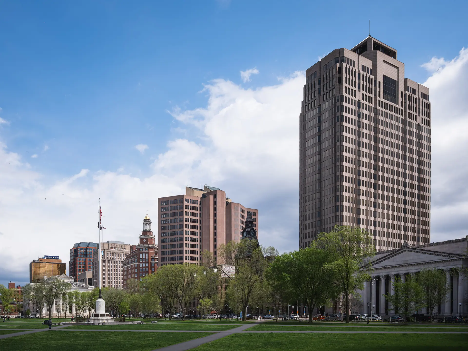 The downtown New Haven skyline from the New Haven Green