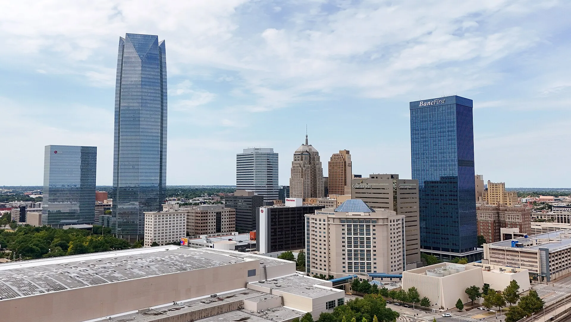 The downtown Oklahoma City skyline from above, with the Devon Tower at left