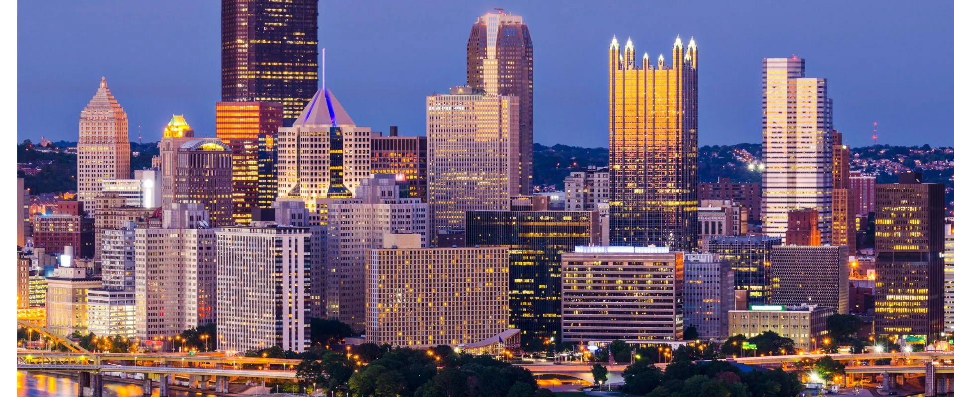 The downtown Pittsburgh skyline at dusk