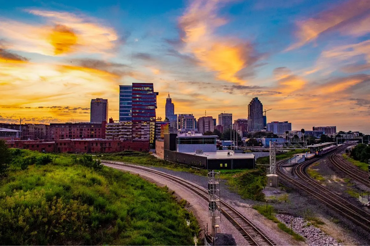 Raleigh, North Carolina skyline over its close-in neighborhoods