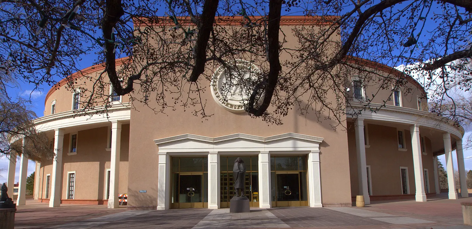 The New Mexico State Capitol, the Roundhouse, beside the South Capitol and Don Gaspar bungalow neighborhood of Santa Fe