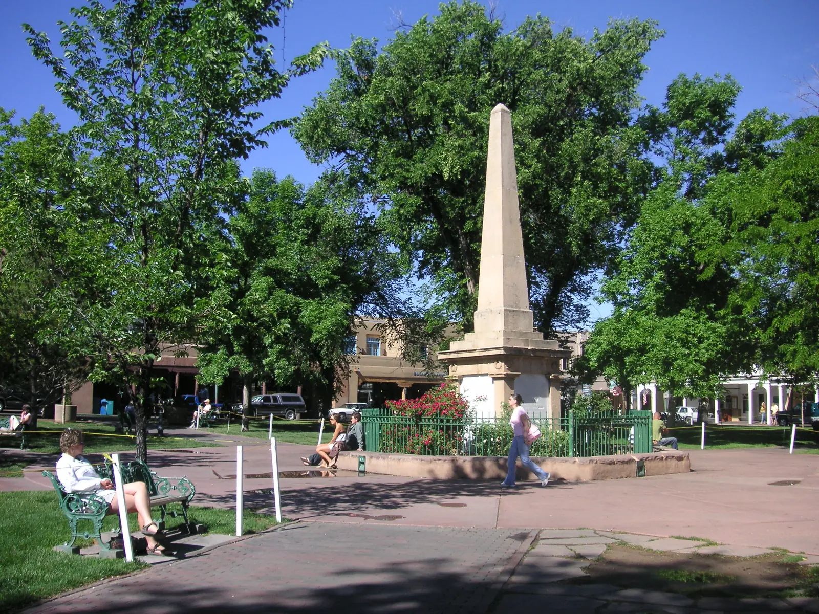 The historic Santa Fe Plaza, a short drive from the postwar Casa Solana neighborhood