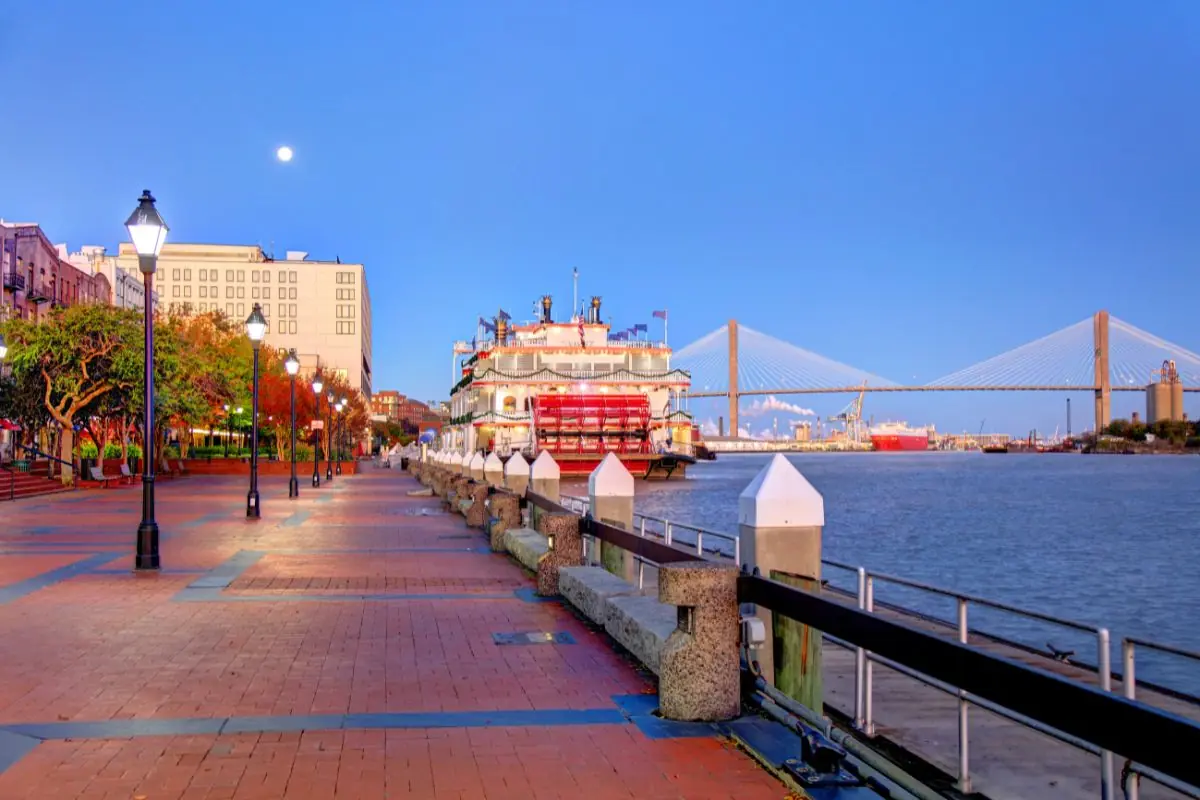 River Street and the Talmadge Memorial Bridge on the Savannah, Georgia riverfront