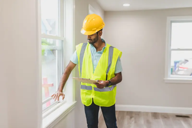 An inspector in a hard hat checking a window