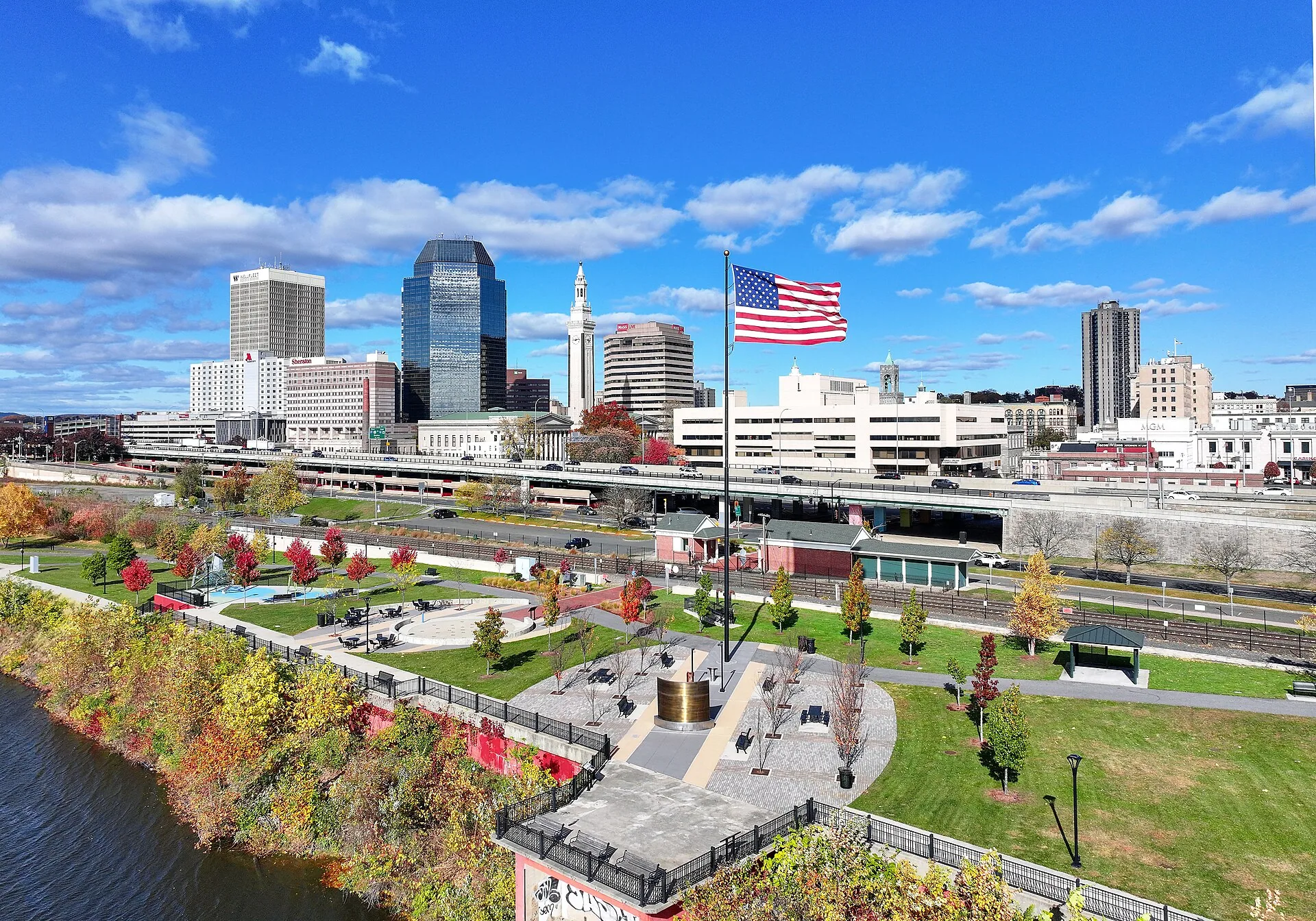 The downtown Springfield, Massachusetts skyline above the Connecticut River riverfront