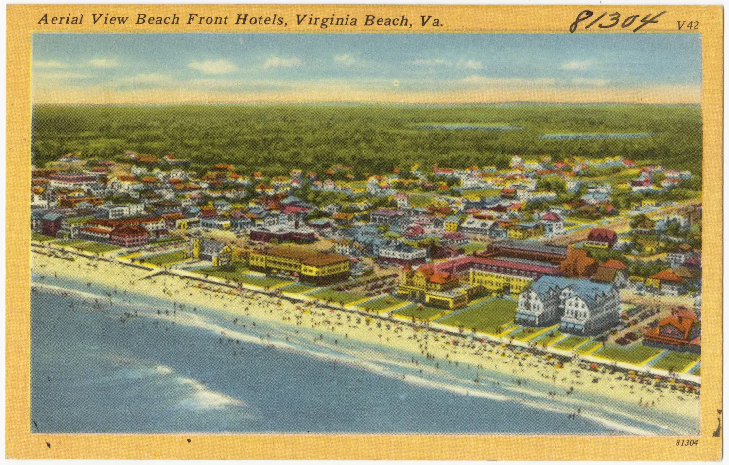 An aerial view of the oceanfront hotels and beach at Virginia Beach