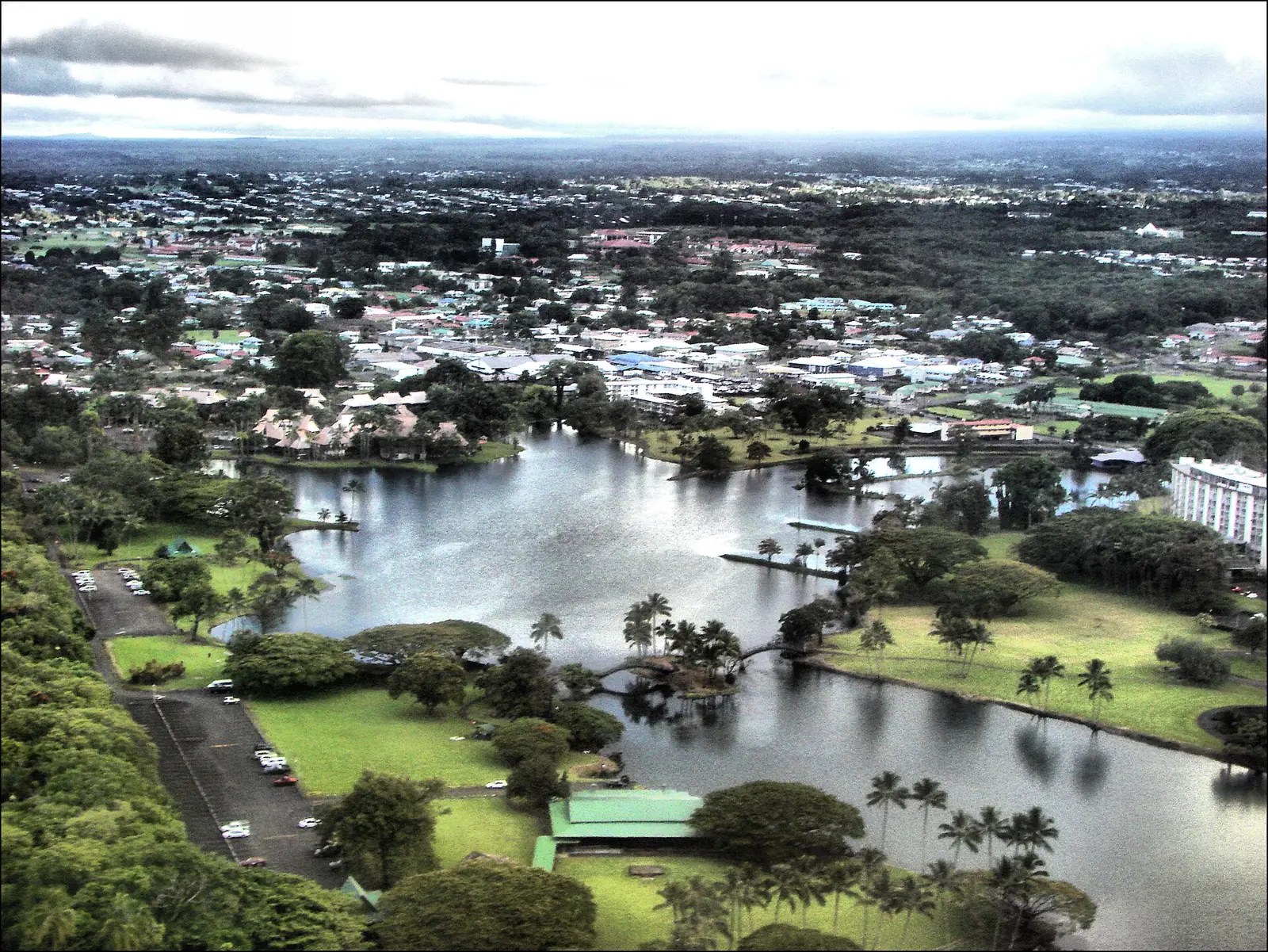Aerial view of Waiakea Pond and the surrounding Waiakea district of Hilo